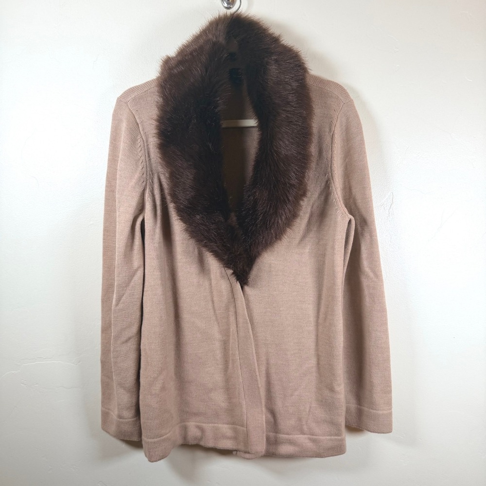 Talbots Merino Wool Faux Fur Collar Cardigan Women M Brown Tan Cozy Chic READ